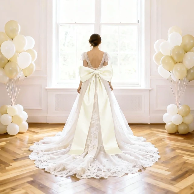 Alt view image 5 of 7 - Extra Long Satin Ivory Bow, 70x20 Inch Cream Coquette Wall Decor Large Bow Backdrop For Girls Room, Coquette Decor For Valentine's Day Bachelorette Bridal Shower Wedding Birthday Christmas