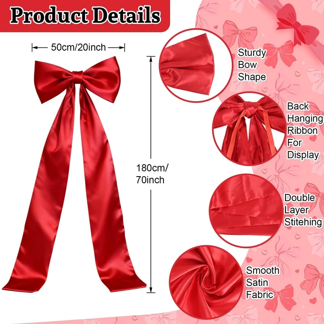 Alt view image 2 of 7 - Extra Long Satin Red Bow, 70x20 Inch Coquette Room Wall Decor Large Bow Backdrop For Girls Room, Coquette Decor For Valentine's Day Bachelorette Bridal Shower Wedding Birthday