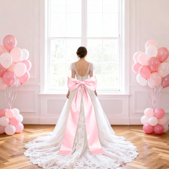 Alt view image 5 of 7 - Extra Long Satin Pink Bow, 70x20 Inch Coquette Room Wall Decor Large Bow Backdrop For Girls Room, Coquette Decor For Valentine's Day Bachelorette Bridal Shower Wedding Birthday Christmas