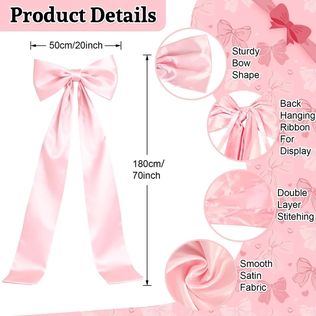 Alt view image 2 of 7 - Extra Long Satin Pink Bow, 70x20 Inch Coquette Room Wall Decor Large Bow Backdrop For Girls Room, Coquette Decor For Valentine's Day Bachelorette Bridal Shower Wedding Birthday Christmas