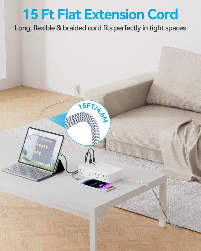 Alt view image 2 of 7 - Flat Plug Extension Cord 15 Ft with 8 AC Outlets 6 USB Ports 4.8A/24W Charging Station, Flat Plug Surge Protector (2800J), Wall Mount for Home, Office, Dorm Essentials, White