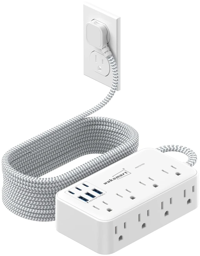 Main image of Flat Plug Extension Cord 15 Ft with 8 AC Outlets 6 USB Ports 4.8A/24W Charging Station, Flat Plug Surge Protector (2800J), Wall Mount for Home, Office, Dorm Essentials, White