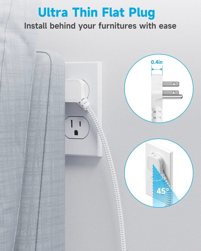Alt view image 6 of 7 - Flat Plug Extension Cord 15 Ft with 8 AC Outlets 6 USB Ports 4.8A/24W Charging Station, Flat Plug Surge Protector (2800J), Wall Mount for Home, Office, Dorm Essentials, White