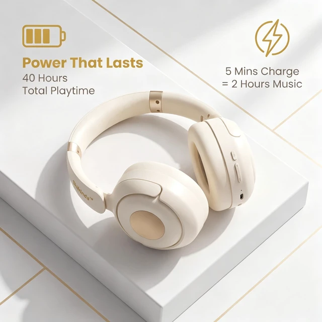 Alt view image 3 of 7 - H01 Hybrid Noise Cancelling Headphones Wireless Over Ear Bluetooth 5.4, 40H Battery, Fast Charge, Multipoint, Built-in Mic, Foldable, IPX4, AUX, Work Travel Gaming, Champagne White