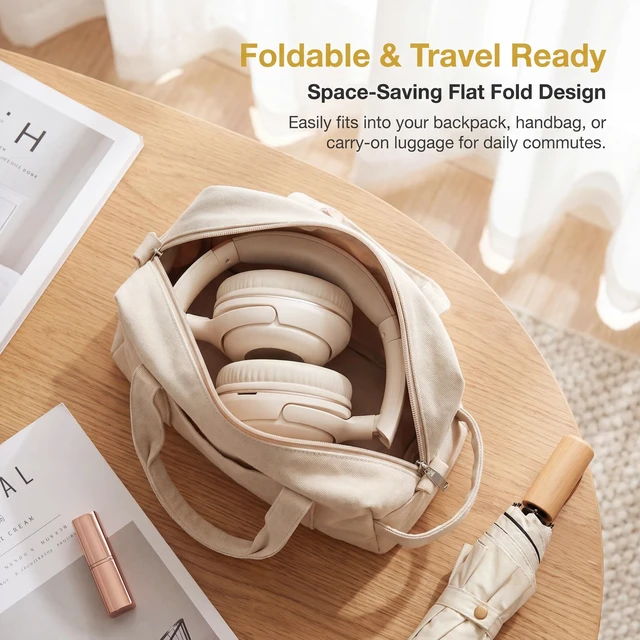 Alt view image 4 of 7 - H01 Hybrid Noise Cancelling Headphones Wireless Over Ear Bluetooth 5.4, 40H Battery, Fast Charge, Multipoint, Built-in Mic, Foldable, IPX4, AUX, Work Travel Gaming, Champagne White