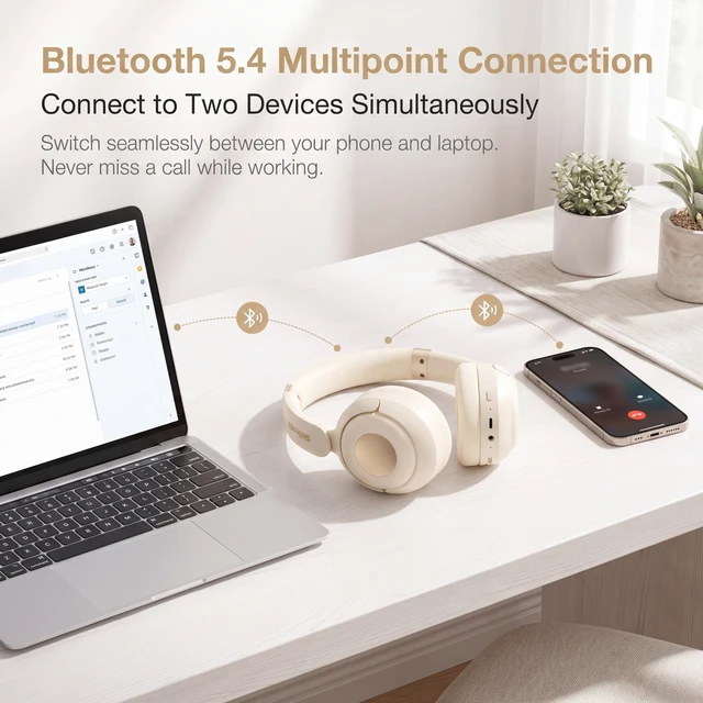 Alt view image 5 of 7 - H01 Hybrid Noise Cancelling Headphones Wireless Over Ear Bluetooth 5.4, 40H Battery, Fast Charge, Multipoint, Built-in Mic, Foldable, IPX4, AUX, Work Travel Gaming, Champagne White