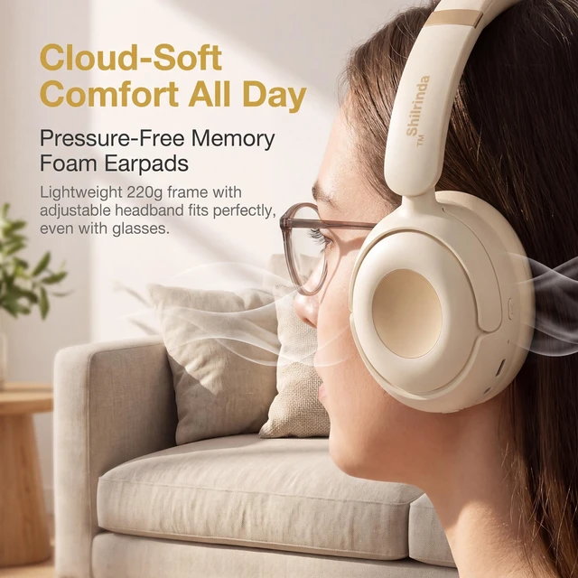 Alt view image 6 of 7 - H01 Hybrid Noise Cancelling Headphones Wireless Over Ear Bluetooth 5.4, 40H Battery, Fast Charge, Multipoint, Built-in Mic, Foldable, IPX4, AUX, Work Travel Gaming, Champagne White