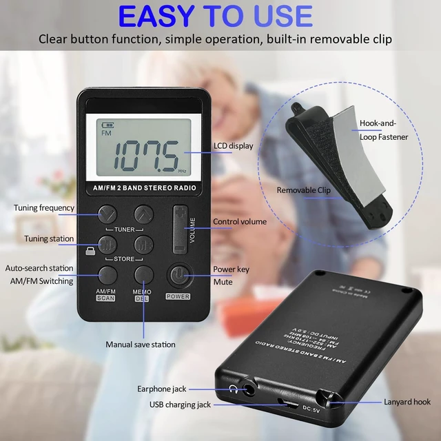 Alt view image 4 of 7 - Mini Portable AM FM Radio, Personal Radio with Excellent Reception Digital Tuning LCD Display, Headphones, Back Clip, Easy Key Operation, Rechargeable Pocket Radio for Walking, Jogging
