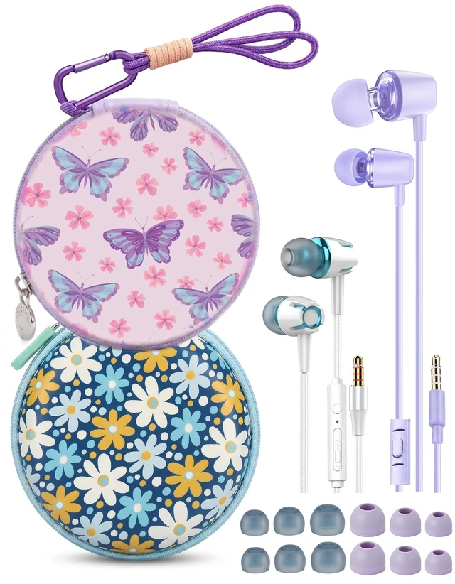 Main image of 2-Pack Wired Earbuds with Cases, 3.5mm School Headphones,Daisies Butterfly 2-Pack Wired Student Earbuds with Braided Lanyard Carabiner Clips to Attach on School Backpacks, 2 Cases & Mics