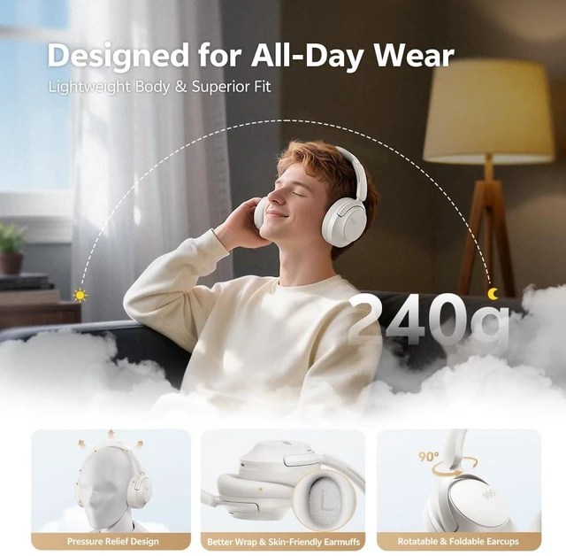 Alt view image 7 of 7 - H3S Adaptive Active Noise Cancelling Headphones, Hi-Res Audio LDAC 102H Playtime, Fast Charging, 360° Spatial Sound, Dual Connection, Bluetooth 6.0