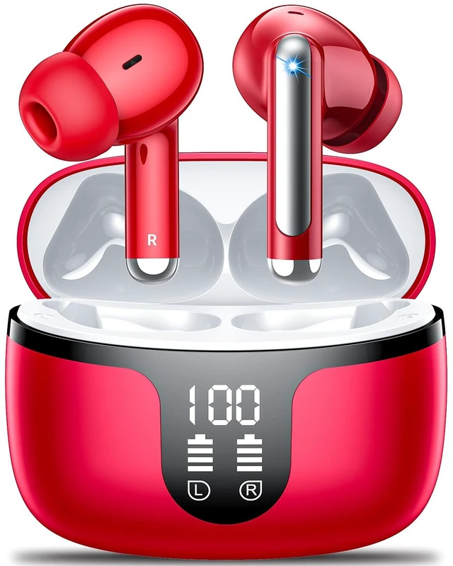 Main image of Wireless Earbuds, Bluetooth 5.4 ear buds with 4 ENC Noise Cancelling Mics, Bluetooth Earbuds with 48H Playtime, IPX7 Waterproof Workout earbuds, Red headphones HiFi Sound LED Display for iOS Android