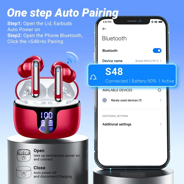 Alt view image 3 of 7 - Wireless Earbuds, Bluetooth 5.4 ear buds with 4 ENC Noise Cancelling Mics, Bluetooth Earbuds with 48H Playtime, IPX7 Waterproof Workout earbuds, Red headphones HiFi Sound LED Display for iOS Android