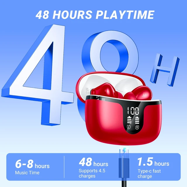 Alt view image 5 of 7 - Wireless Earbuds, Bluetooth 5.4 ear buds with 4 ENC Noise Cancelling Mics, Bluetooth Earbuds with 48H Playtime, IPX7 Waterproof Workout earbuds, Red headphones HiFi Sound LED Display for iOS Android