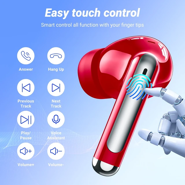 Alt view image 7 of 7 - Wireless Earbuds, Bluetooth 5.4 ear buds with 4 ENC Noise Cancelling Mics, Bluetooth Earbuds with 48H Playtime, IPX7 Waterproof Workout earbuds, Red headphones HiFi Sound LED Display for iOS Android
