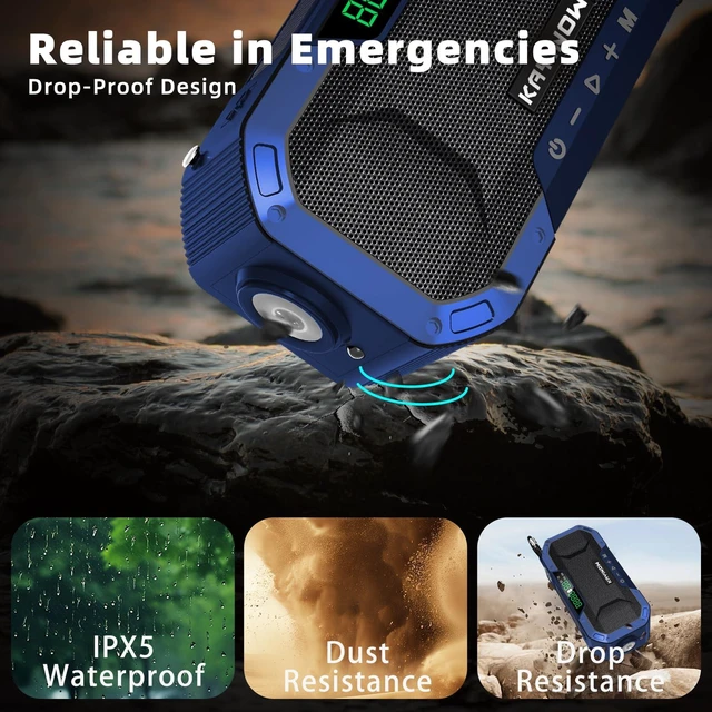 Alt view image 3 of 7 - Emergency NOAA Weather Radio, Solar Hand Crank FM AM Radio with Bluetooth Speaker, 5000mAh/18500mWh Battery Powered, Flashlight, IPX5 Waterproof, SOS Alarm for Survival Hurricane Camping