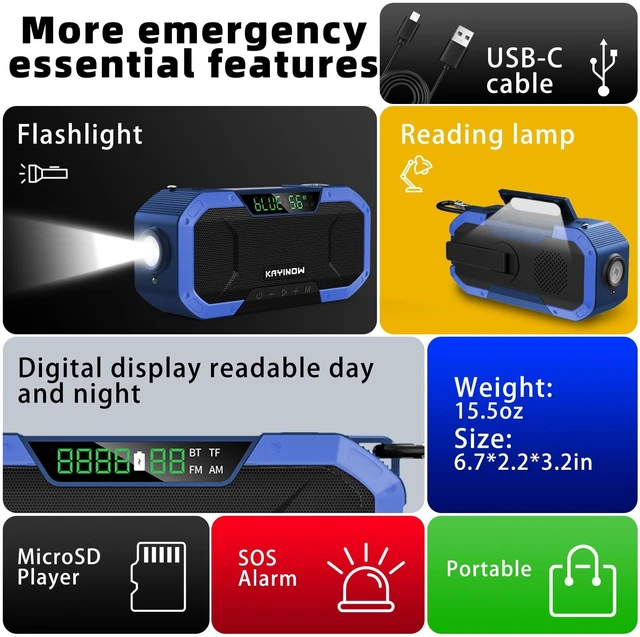 Alt view image 4 of 7 - Emergency NOAA Weather Radio, Solar Hand Crank FM AM Radio with Bluetooth Speaker, 5000mAh/18500mWh Battery Powered, Flashlight, IPX5 Waterproof, SOS Alarm for Survival Hurricane Camping