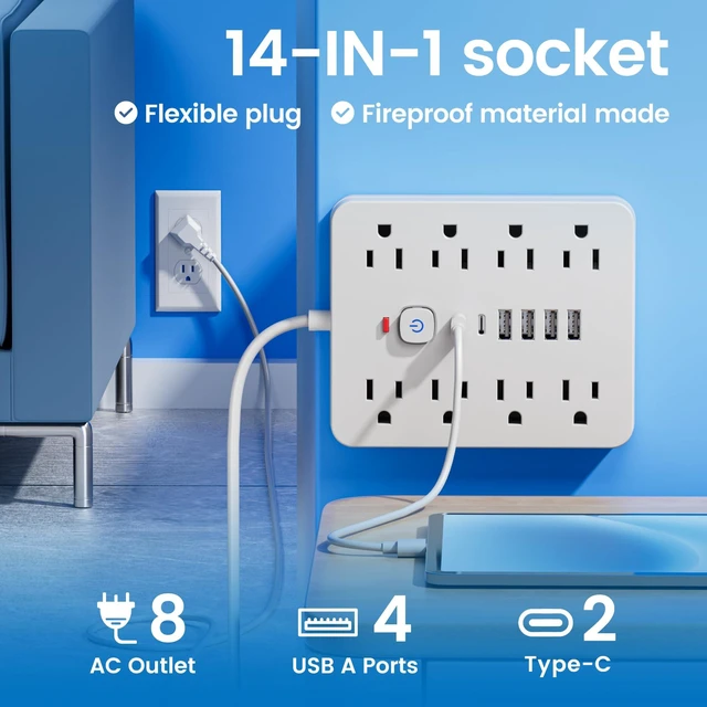 Alt view image 2 of 6 - 10 Ft Power Strip - Wall Plug Extension Cord with 8 AC Outlets, 6 USB Ports (2 USB C) & One-Touch Switch, Flat Plug, Wall Mountable for Office Home Travel Dorm