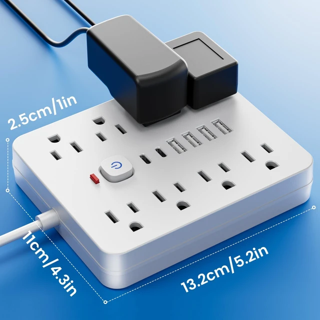 Alt view image 3 of 6 - 10 Ft Power Strip - Wall Plug Extension Cord with 8 AC Outlets, 6 USB Ports (2 USB C) & One-Touch Switch, Flat Plug, Wall Mountable for Office Home Travel Dorm