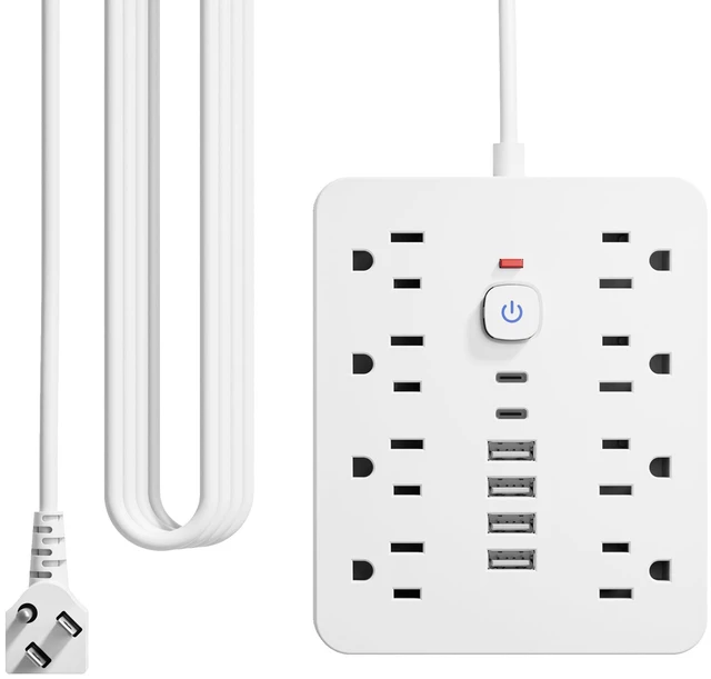 Main image of 10 Ft Power Strip - Wall Plug Extension Cord with 8 AC Outlets, 6 USB Ports (2 USB C) & One-Touch Switch, Flat Plug, Wall Mountable for Office Home Travel Dorm