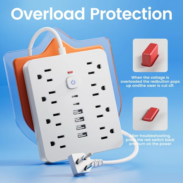 Alt view image 4 of 6 - 10 Ft Power Strip - Wall Plug Extension Cord with 8 AC Outlets, 6 USB Ports (2 USB C) & One-Touch Switch, Flat Plug, Wall Mountable for Office Home Travel Dorm