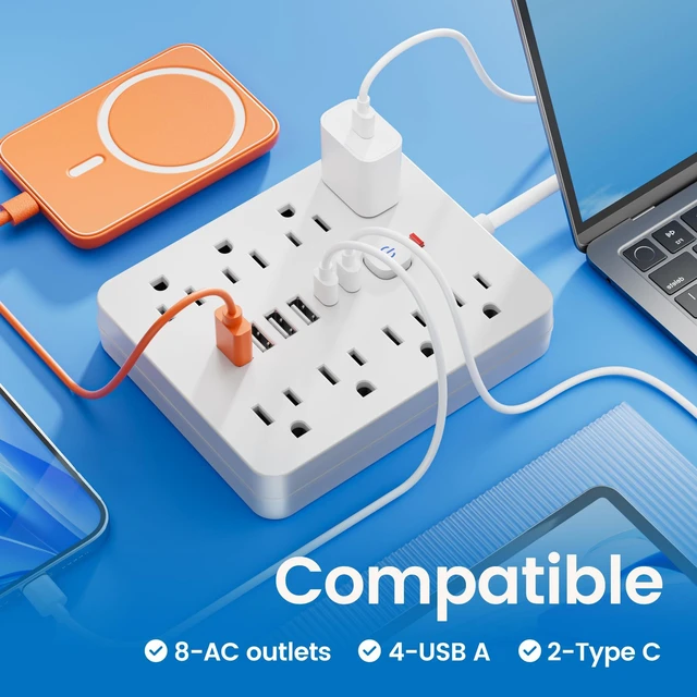 Alt view image 6 of 6 - 10 Ft Power Strip - Wall Plug Extension Cord with 8 AC Outlets, 6 USB Ports (2 USB C) & One-Touch Switch, Flat Plug, Wall Mountable for Office Home Travel Dorm