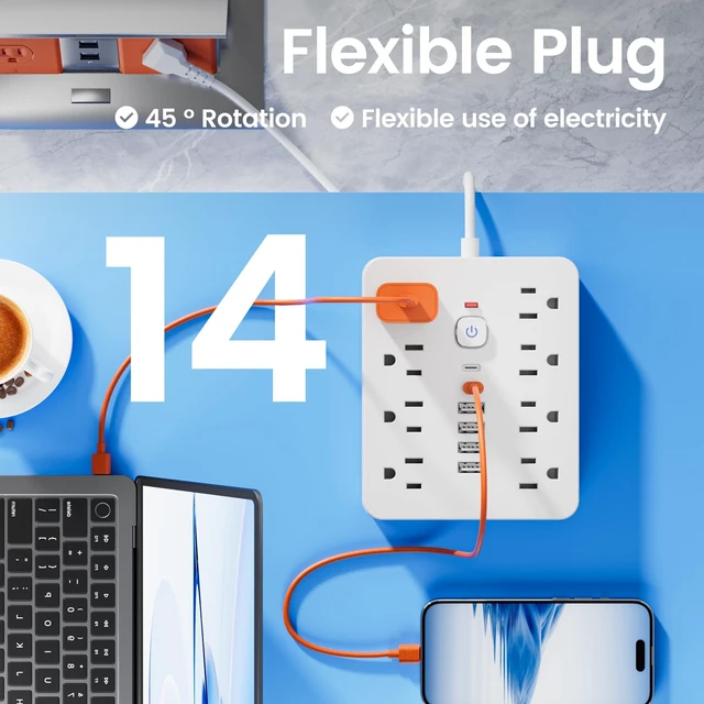 Alt view image 5 of 6 - 10 Ft Power Strip - Wall Plug Extension Cord with 8 AC Outlets, 6 USB Ports (2 USB C) & One-Touch Switch, Flat Plug, Wall Mountable for Office Home Travel Dorm