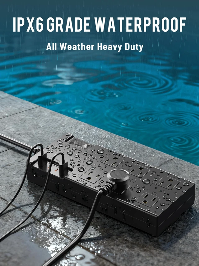Alt view image 3 of 6 - Outdoor Power Strip Weatherproof 10FT, Waterproof Surge Protector with 6 Outlets 4 USB Ports, Flat Plug Extension Cord for Home Office Patio Porch