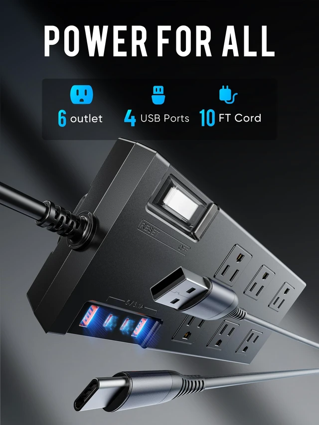 Alt view image 2 of 6 - Outdoor Power Strip Weatherproof 10FT, Waterproof Surge Protector with 6 Outlets 4 USB Ports, Flat Plug Extension Cord for Home Office Patio Porch