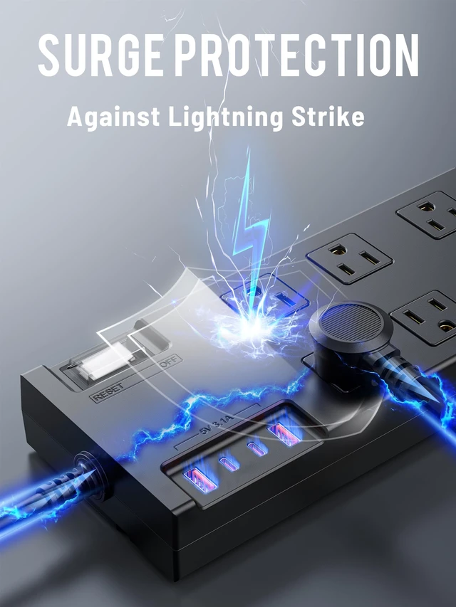 Alt view image 4 of 6 - Outdoor Power Strip Weatherproof 10FT, Waterproof Surge Protector with 6 Outlets 4 USB Ports, Flat Plug Extension Cord for Home Office Patio Porch