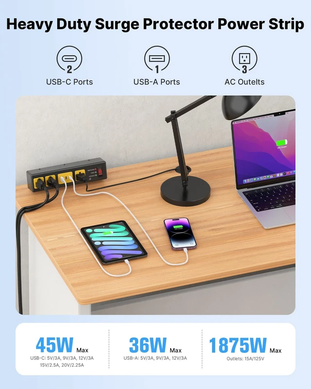 Alt view image 5 of 7 - Desk Clamp Surge Protector USB, Heavy Duty, 6FT, 65W, 1. Metal Shell, Home Office, Gaming Standing Desktop Accessories, Power Strip, 4800J, Flat Plug Extension Cord Extender
