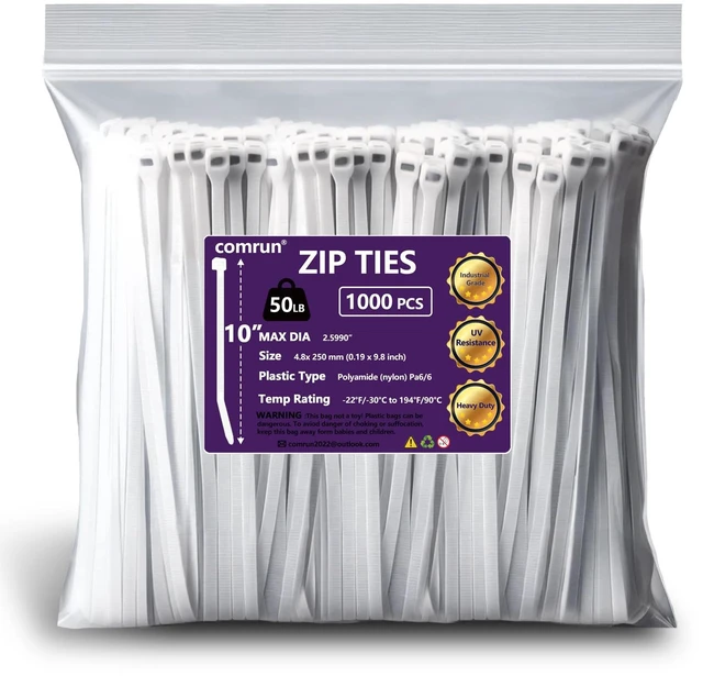 Main image of 1000pcs 10Inch Nylon Zip Ties, 50 Pounds Tensile Strength, Industrial Grade, White Cable Tie, UV Resistant,Heavy Duty,for Home,Garden Trellis,Office,Garage and Workshop
