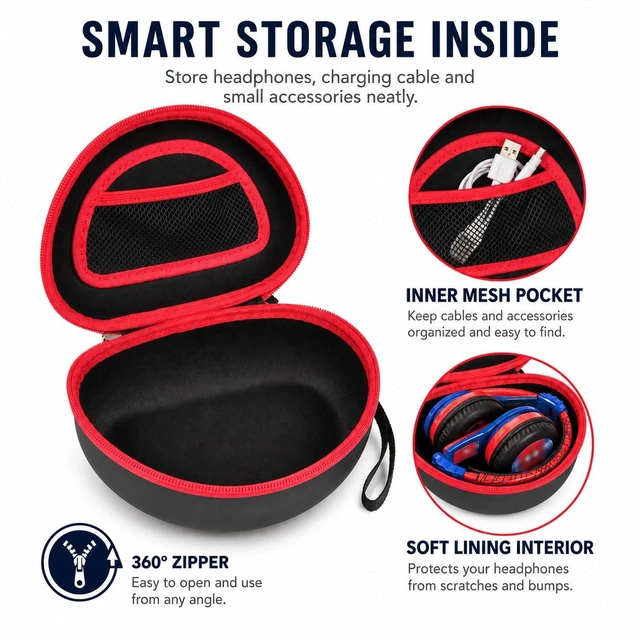 Alt view image 3 of 7 - Kids Headphone Case for eKids, for Beats Solo4 Headphones, Black Hard Shell Case with Mesh Cable Pocket for Kids Headsets, Organized Storage for Home and travel, Box Only
