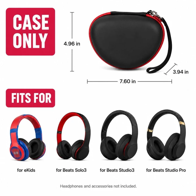 Alt view image 2 of 7 - Kids Headphone Case for eKids, for Beats Solo4 Headphones, Black Hard Shell Case with Mesh Cable Pocket for Kids Headsets, Organized Storage for Home and travel, Box Only
