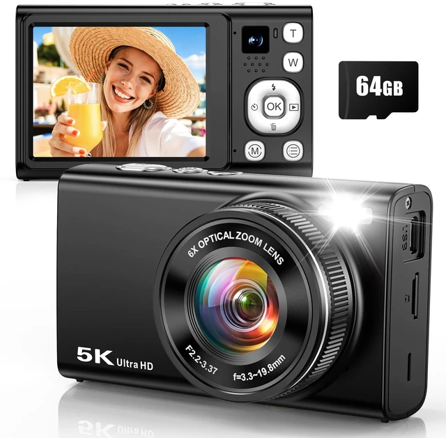 Main image of 5K Digital Camera, 96MP Cameras for Photography with 6X Optical Zoom Autofocus Vlogging Camera for YouTube, 64GB Card, Selfie Lens, Flash, Anti-Shake, Compact Small Travel Cameras for Beginner