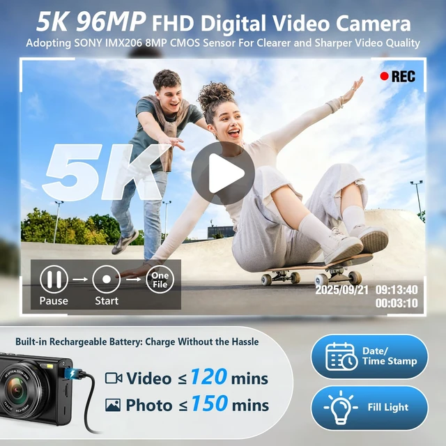 Alt view image 2 of 7 - 5K Digital Camera, 96MP Cameras for Photography with 6X Optical Zoom Autofocus Vlogging Camera for YouTube, 64GB Card, Selfie Lens, Flash, Anti-Shake, Compact Small Travel Cameras for Beginner
