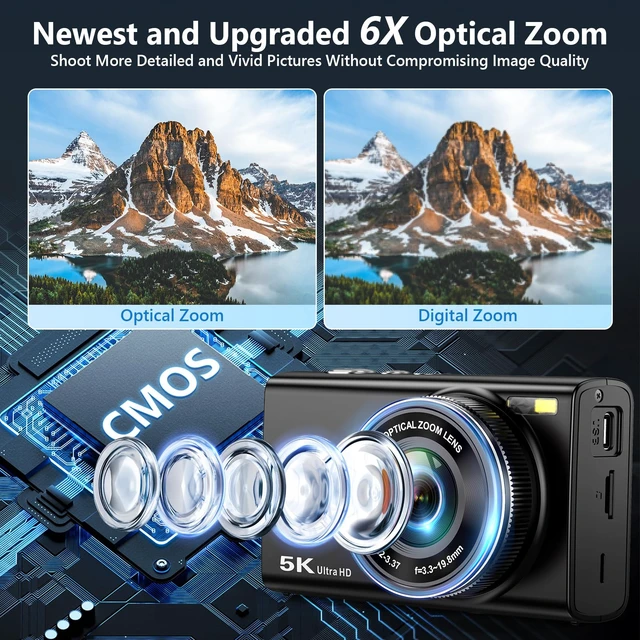 Alt view image 3 of 7 - 5K Digital Camera, 96MP Cameras for Photography with 6X Optical Zoom Autofocus Vlogging Camera for YouTube, 64GB Card, Selfie Lens, Flash, Anti-Shake, Compact Small Travel Cameras for Beginner