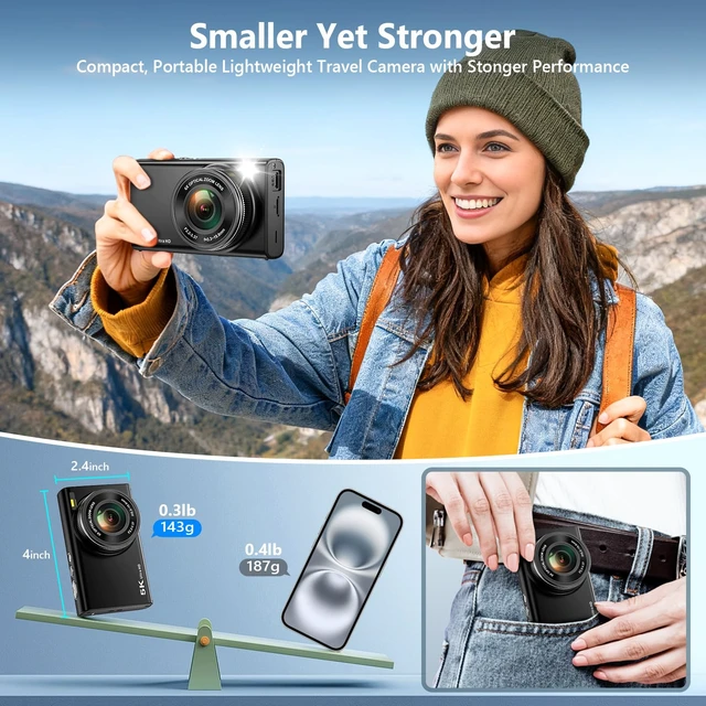 Alt view image 6 of 7 - 5K Digital Camera, 96MP Cameras for Photography with 6X Optical Zoom Autofocus Vlogging Camera for YouTube, 64GB Card, Selfie Lens, Flash, Anti-Shake, Compact Small Travel Cameras for Beginner
