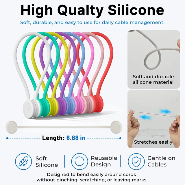 Alt view image 3 of 7 - Magnetic Cable Ties 8 Pack, 6.88 Inch Reusable Silicone Cord Organizer Wraps, Strong Magnet Cable Management Straps for Charging Cords, USB Cables, Earbuds, Desk, Travel, Assorted Colors