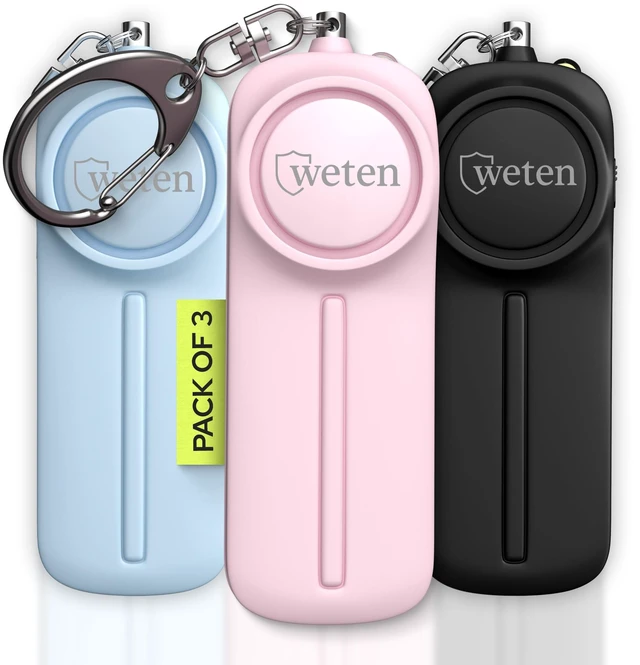 Main image of Personal Safety Alarm Keychain for Women, 3 Pack, 130dB Siren, LED Light TSA-Approved self defense panic alarm for college, travel, and night walks - Black, Pink, Blue