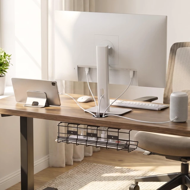 Alt view image 2 of 7 - 1 Pack Under Desk Cable Management Tray, Black Metal Under Desk Cable Tray, Easy Install Pre-drilled, Holds 15lb, Wire Management Under Desk, Large Capacity, Fits Desk/Wall