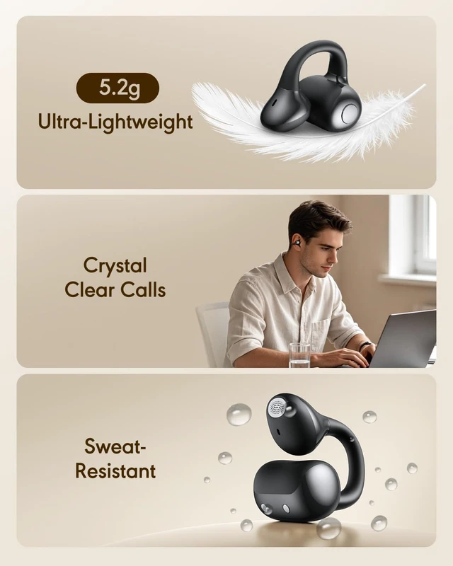 Alt view image 5 of 7 - Open Ear Earbuds, Clip-On Wireless Headphones, Lightweight Secure Fit, 14mm Drivers Powerful Sound, 40H Playtime, Sweatproof Bluetooth 6.0 Glasses Friendly for Sports Running Workout Gift(Black)