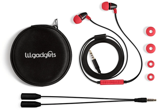 Main image of BestBuds Ear Buds for Kids for School - Safe & Comfortable, Volume Limited, Wired Earbuds for Kids with an in-Line Microphone, Travel Case, and Splitter - Red/Black