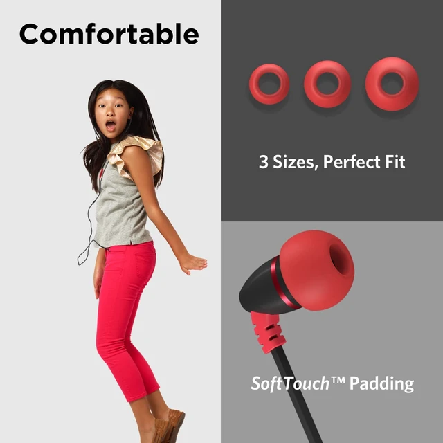 Alt view image 2 of 7 - BestBuds Ear Buds for Kids for School - Safe & Comfortable, Volume Limited, Wired Earbuds for Kids with an in-Line Microphone, Travel Case, and Splitter - Red/Black