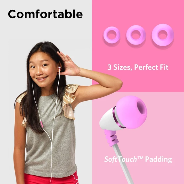Alt view image 2 of 7 - BestBuds Ear Buds for Kids for School - Safe & Comfortable, Volume Limited, Wired Earbuds for Kids with an in-Line Microphone, Travel Case, and Splitter - Pink