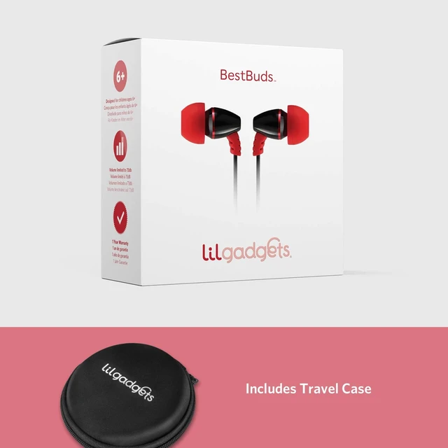Alt view image 7 of 7 - BestBuds Ear Buds for Kids for School - Safe & Comfortable, Volume Limited, Wired Earbuds for Kids with an in-Line Microphone, Travel Case, and Splitter - Red/Black