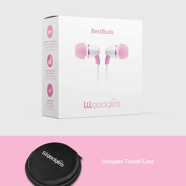 Alt view image 7 of 7 - BestBuds Ear Buds for Kids for School - Safe & Comfortable, Volume Limited, Wired Earbuds for Kids with an in-Line Microphone, Travel Case, and Splitter - Pink