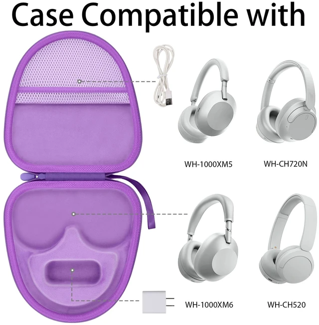 Alt view image 2 of 7 - Hard Case for Sony WH-CH730N/CH720N/CH520/1000XM6/1000XM5, Purple Features a Mesh Pocket for Accessories. Hand Strap for Easy Carrying. Hard EVA Shell with Soft Velvet Lining. Case Only