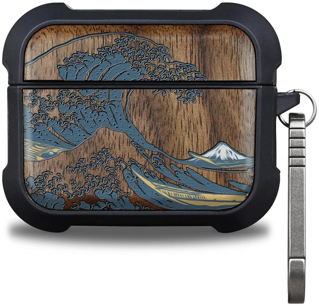 Main image of Walnut Solid Wood for AirPods Pro 3 Case (2025), Great Wave AirPods Pro Case 3rd Generation, Titanium metal Quick Released Keychain, Compatible with Wireless Charging, Hand-Drawn Style