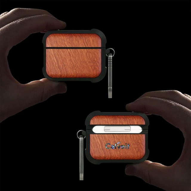 Alt view image 2 of 7 - Solid Wood Case for AirPods Pro 3, Natural Grain, Rosy AirPods Pro Case 3rd Generation, Titanium metal Quick-Release Keychain, Compatible with Wireless Charging, Wood-Engraved
