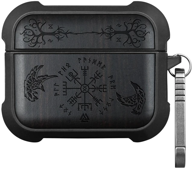 Main image of Solid Wood Case for AirPods Pro 3, The Guiding Vegvisir, Black AirPods Pro Case 3rd Generation, Titanium metal Quick-Release Keychain, Compatible with Wireless Charging, Wood-Engraved
